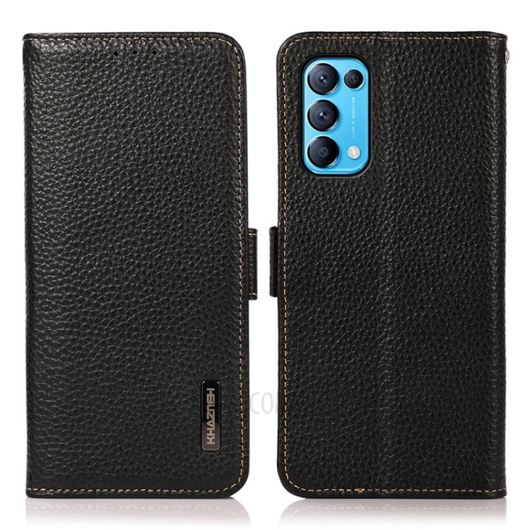 KHAZNEH Full Protection RFID Blocking Litchi Texture Genuine Leather Phone Case with Anti-theft Swiping for Oppo Reno5 5G/Find X3 Lite - Black-1