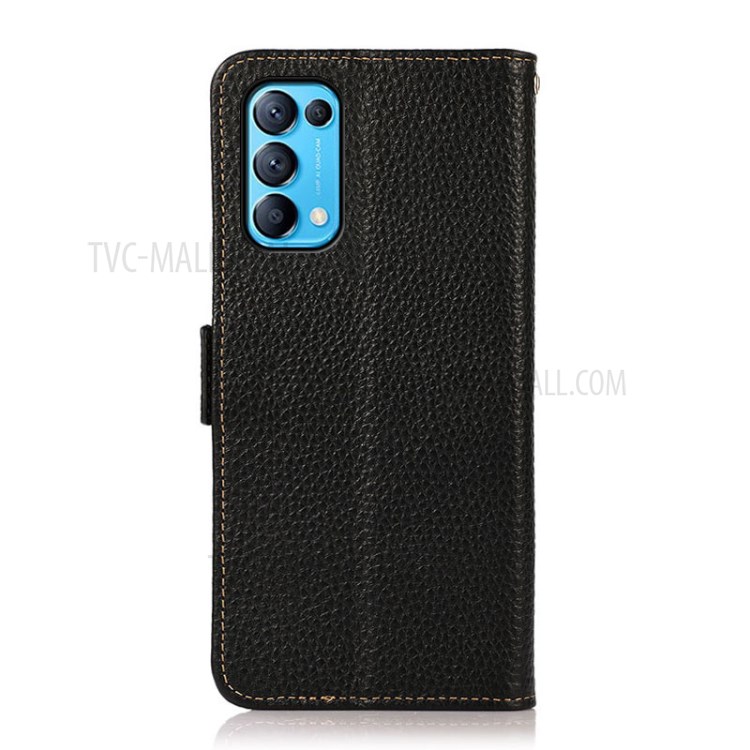 KHAZNEH Full Protection RFID Blocking Litchi Texture Genuine Leather Phone Case with Anti-theft Swiping for Oppo Reno5 5G/Find X3 Lite - Black-3