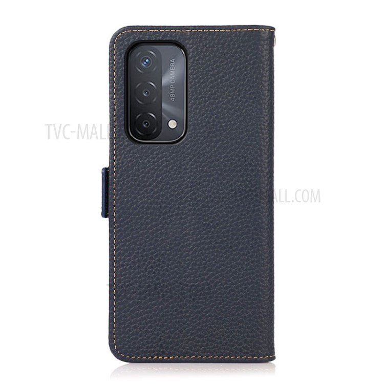 KHAZNEH Full Protection Anti-theft Swiping Litchi Texture Genuine Leather RFID Blocking Phone Case for Oppo A93 5G/A74 5G - Blue-4