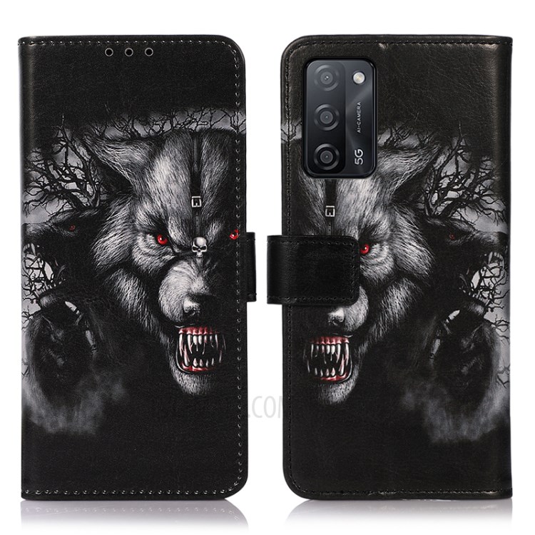 Wallet Stand Design Pattern Printing Leather Protector Cover for Oppo A55 5G/A53s 5G Case - Black Wolf-1