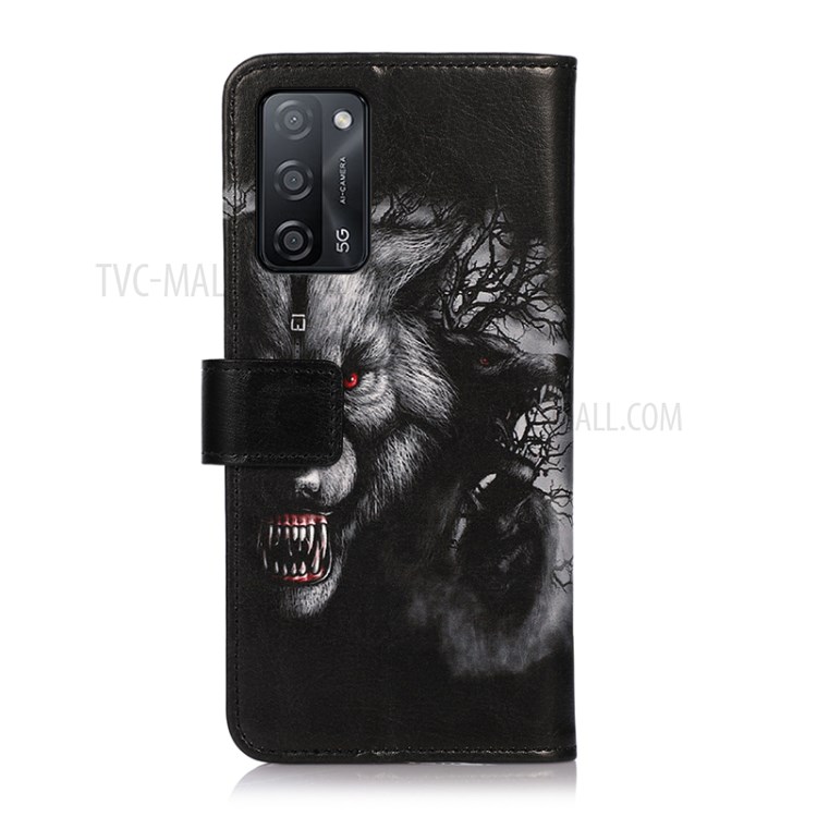 Wallet Stand Design Pattern Printing Leather Protector Cover for Oppo A55 5G/A53s 5G Case - Black Wolf-5