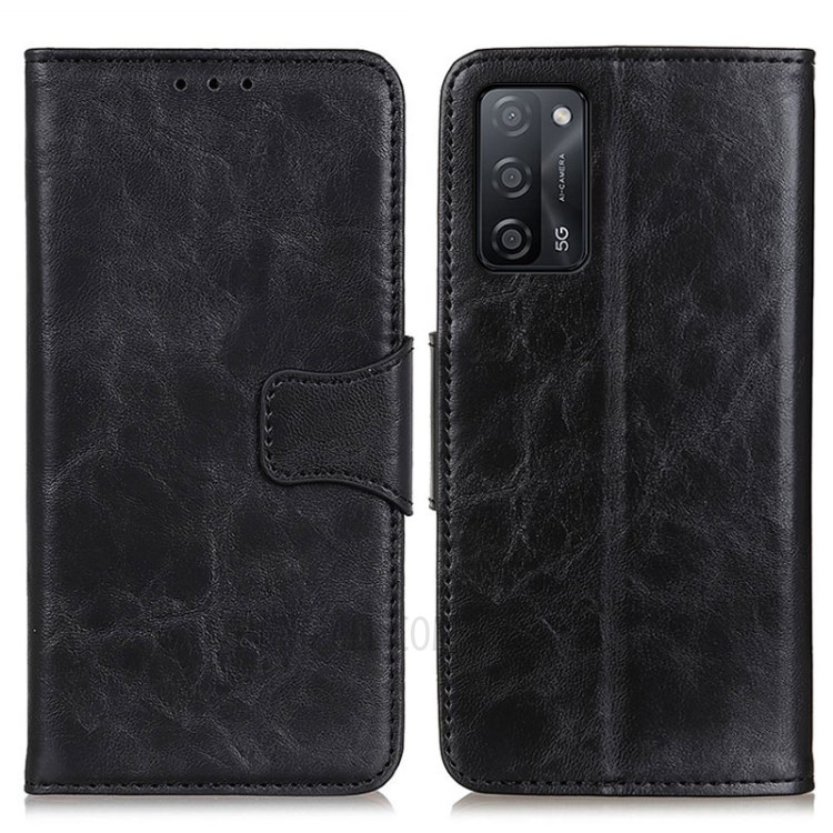 Split Leather Crazy Horse Texture Wallet Stand Design Phone Case Shell for Oppo A55 5G/A53s 5G - Black-1