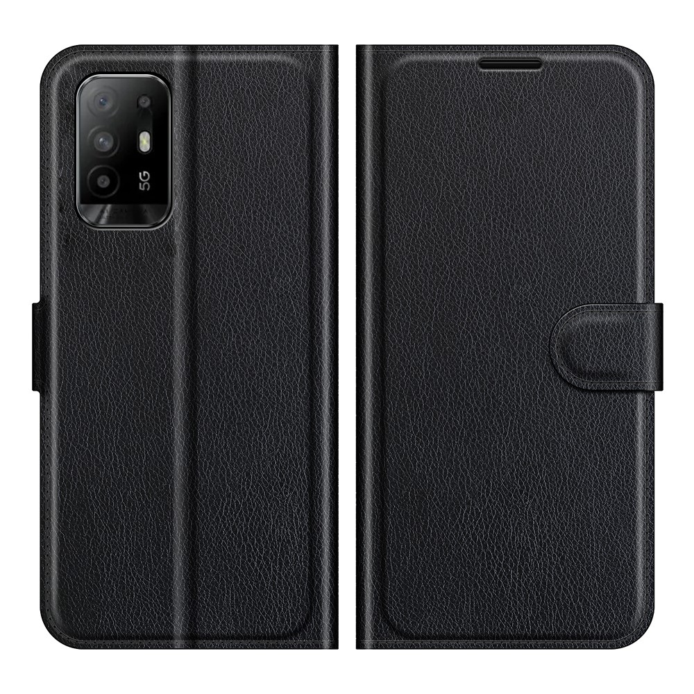 Wallet Design Litchi Texture Leather Phone Case Folio Flip Cover with Stand for Oppo A94 5G - Black-1