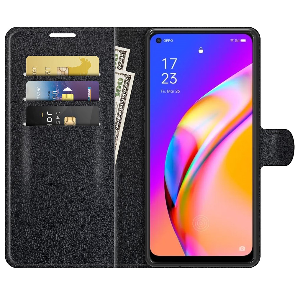 Wallet Design Litchi Texture Leather Phone Case Folio Flip Cover with Stand for Oppo A94 5G - Black-4