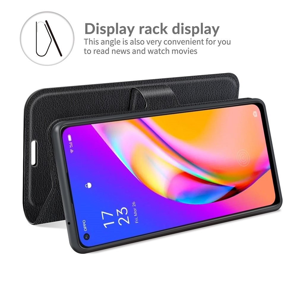 Wallet Design Litchi Texture Leather Phone Case Folio Flip Cover with Stand for Oppo A94 5G - Black-6