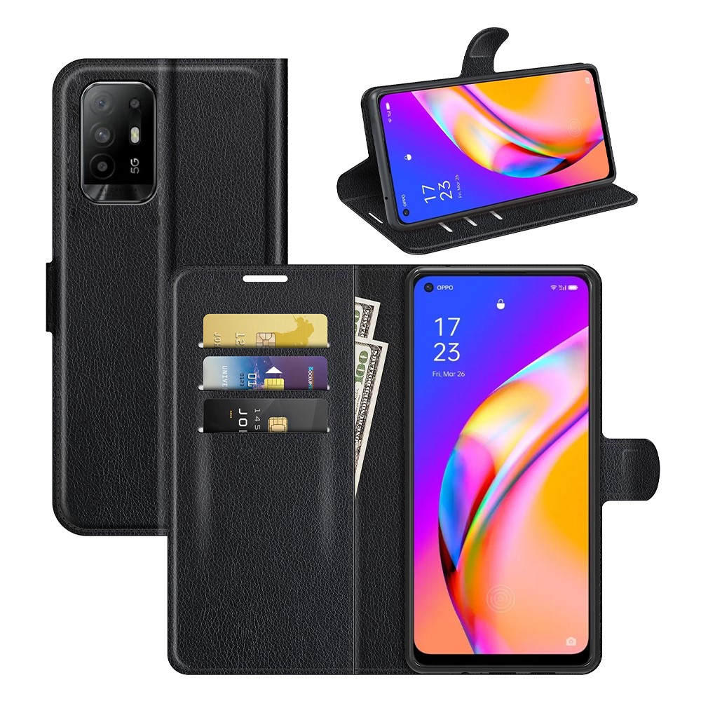 Wallet Design Litchi Texture Leather Phone Case Folio Flip Cover with Stand for Oppo A94 5G - Black-8