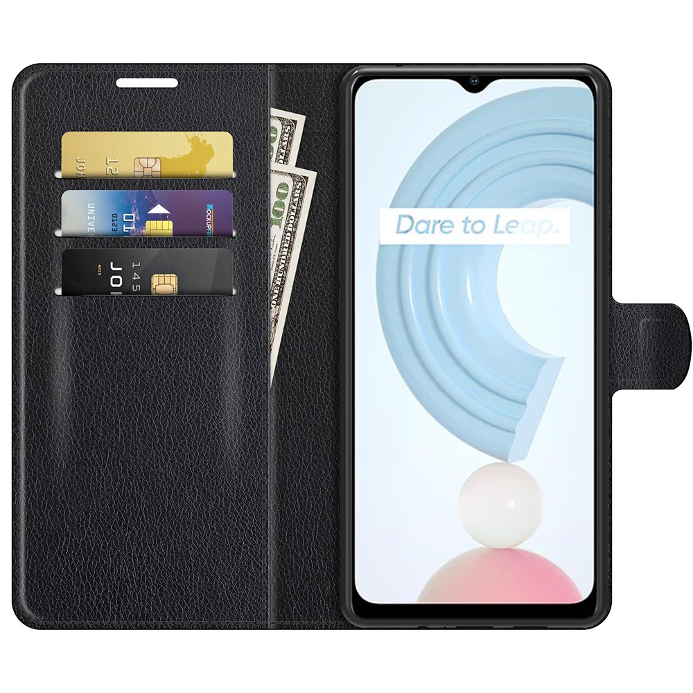 Wallet Design Litchi Texture Leather Phone Case Folio Flip Cover with Stand for Realme C21 - Black-4