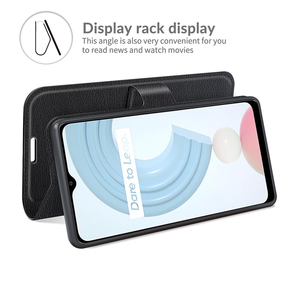 Wallet Design Litchi Texture Leather Phone Case Folio Flip Cover with Stand for Realme C21 - Black-6