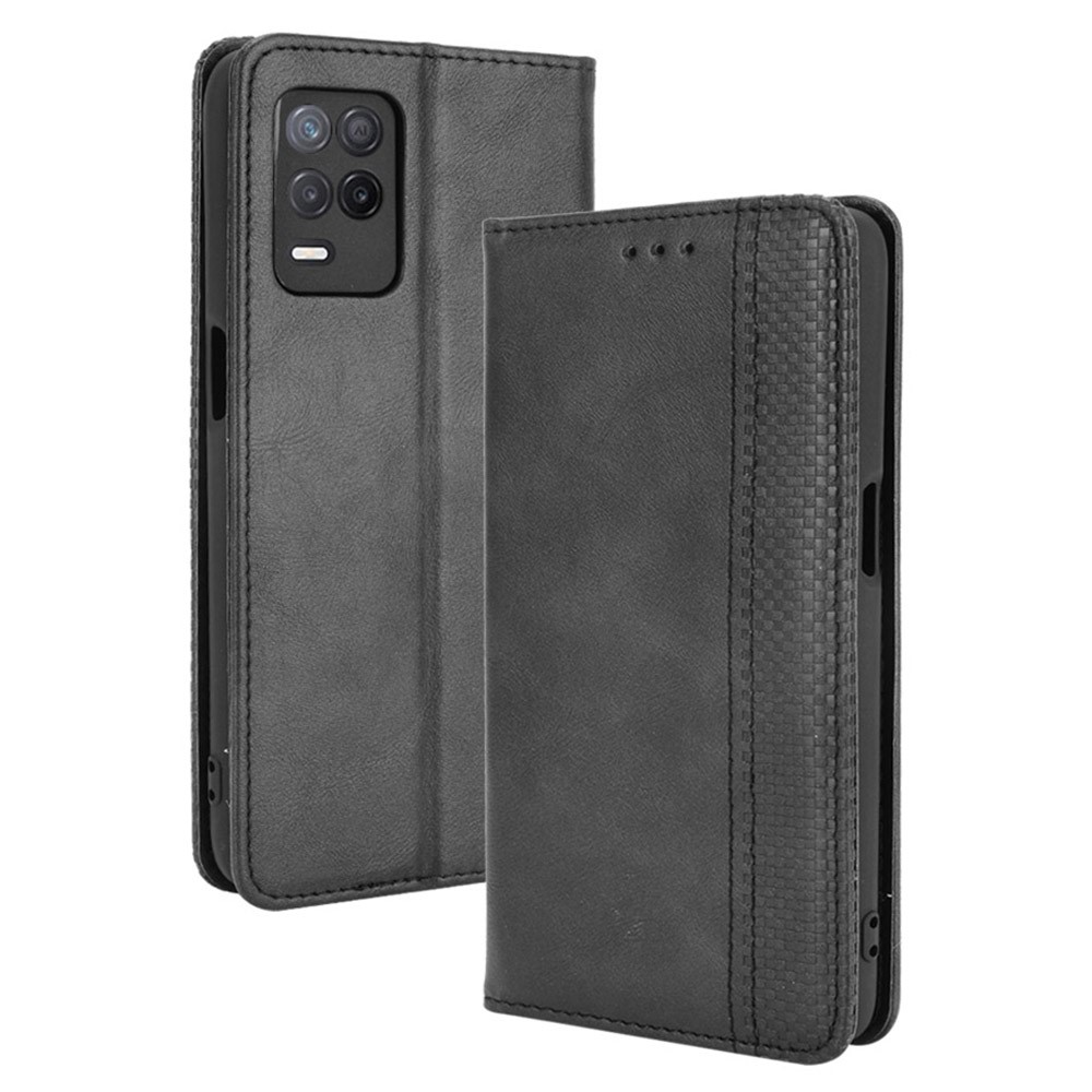 Vintage Style Phone Case Wallet Stand Magnetic Closure Leather Cover for Realme V13 5G/8 5G - Black-1