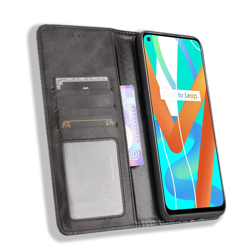 Vintage Style Phone Case Wallet Stand Magnetic Closure Leather Cover for Realme V13 5G/8 5G - Black-5