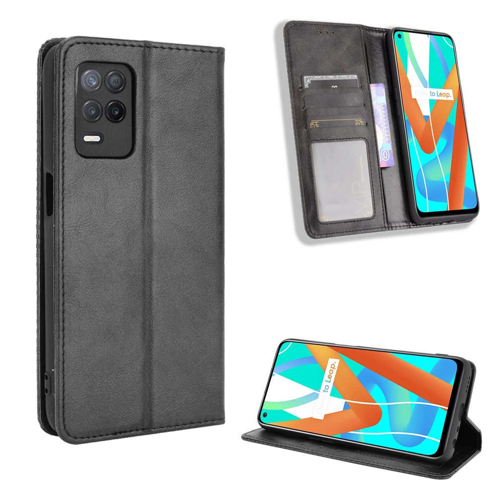 Vintage Style Phone Case Wallet Stand Magnetic Closure Leather Cover for Realme V13 5G/8 5G - Black-8