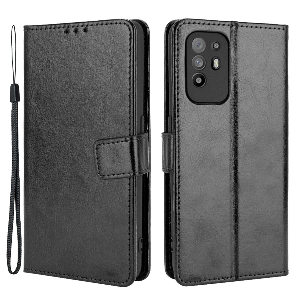 Wallet Stand Design Crazy Horse Skin Leather Shell with Strap for Oppo A94 5G/Reno5 Z/F19 Pro+ 5G - Black-1
