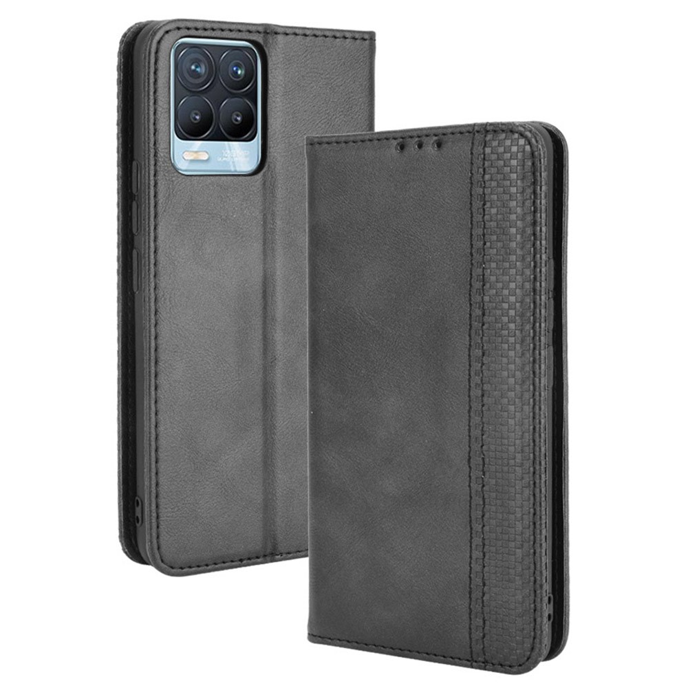 Vintage Style Leather Wallet Phone Case for Realme 8 4G/8 Pro 4G - Black-1
