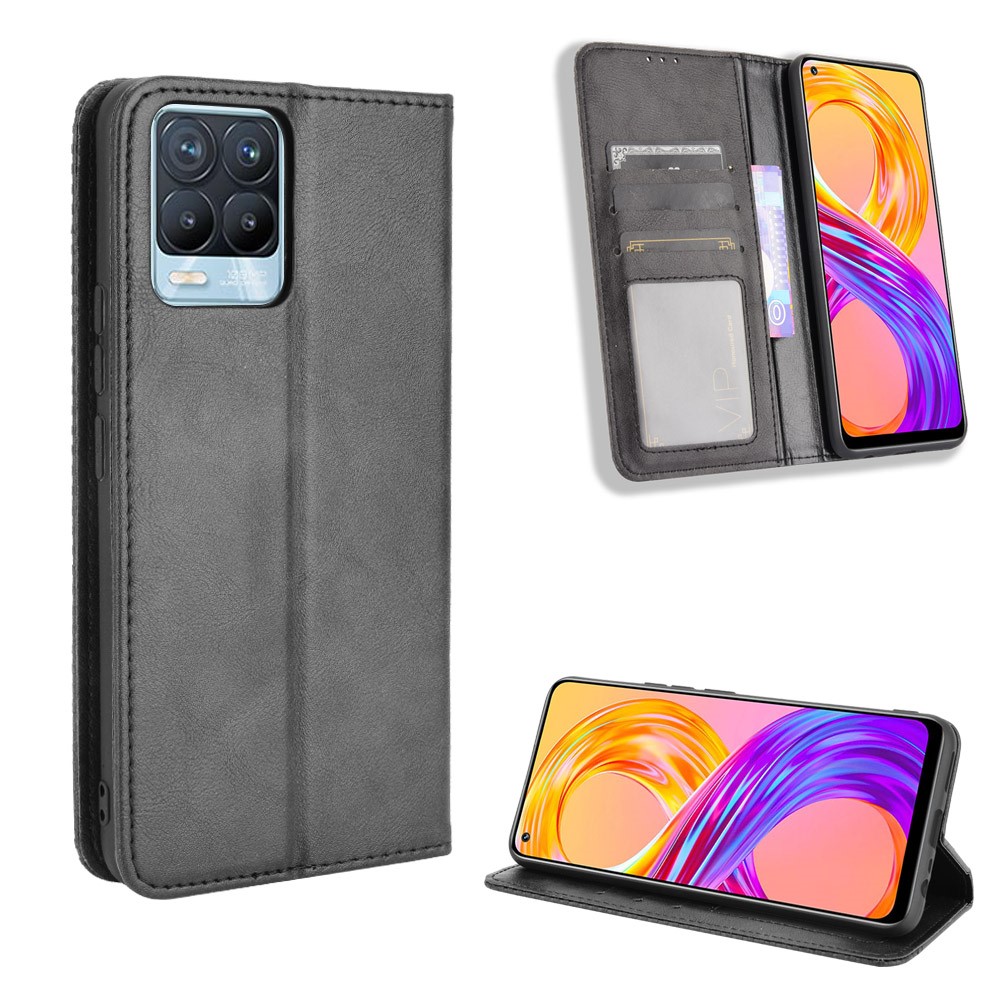 Vintage Style Leather Wallet Phone Case for Realme 8 4G/8 Pro 4G - Black-8