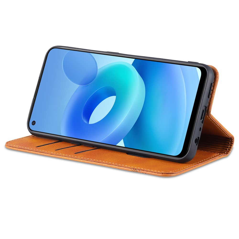 AZNS Auto-absorbed Magnetic Stand Wallet Case Leather Phone Shell for Oppo A74 4G / Oppo F19 - Brown-2