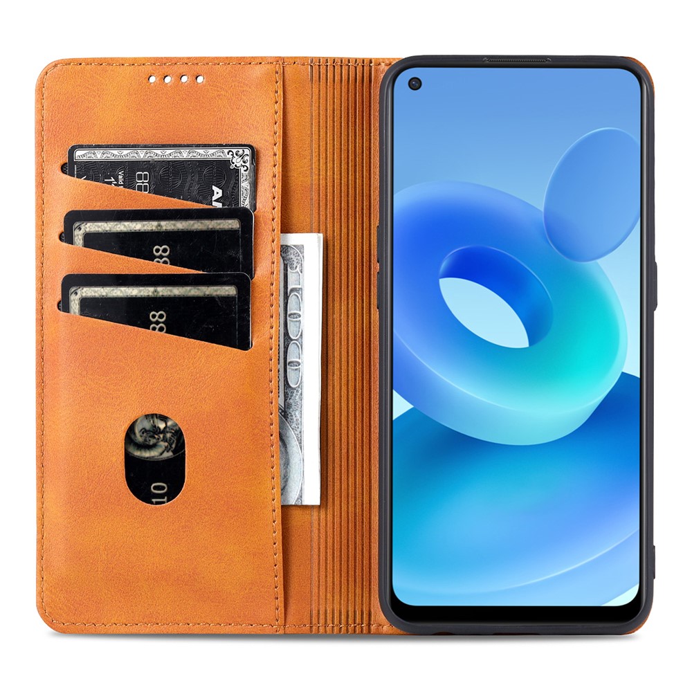 AZNS Auto-absorbed Magnetic Stand Wallet Case Leather Phone Shell for Oppo A74 4G / Oppo F19 - Brown-3