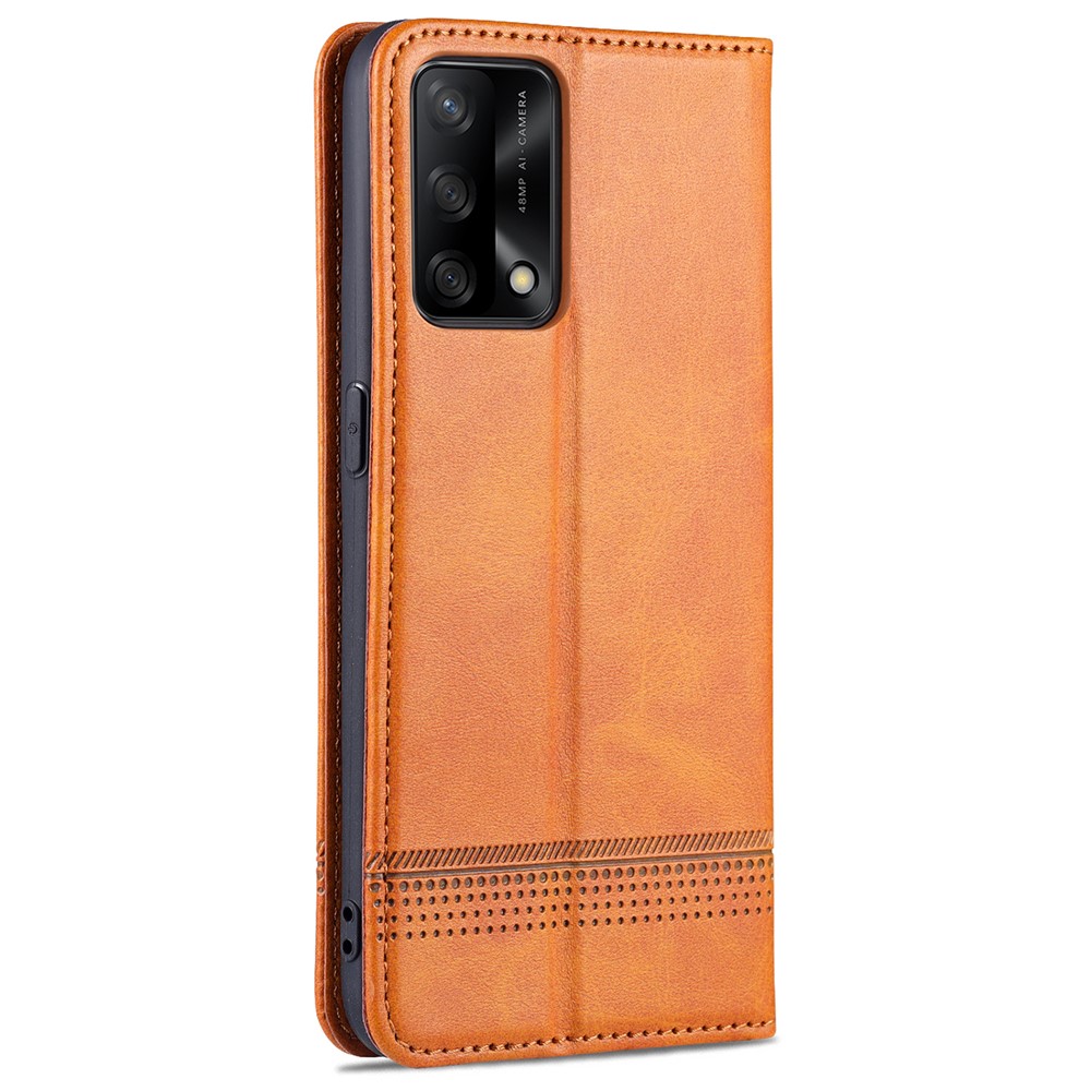 AZNS Auto-absorbed Magnetic Stand Wallet Case Leather Phone Shell for Oppo A74 4G / Oppo F19 - Brown-7