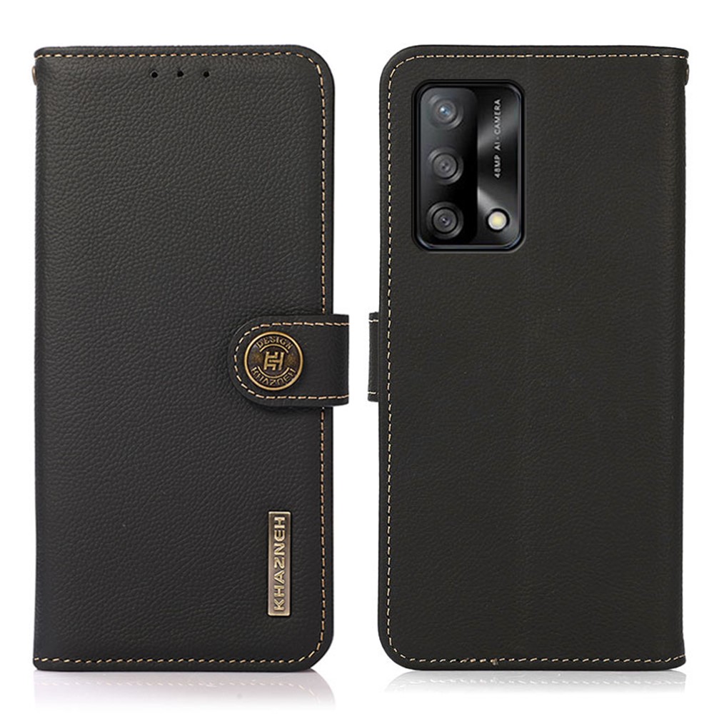 KHAZNEH Textured Genuine Leather Phone Shell Case with RFID Anti-theft Swiping Design for Oppo F19 / Oppo A74 4G - Black-1