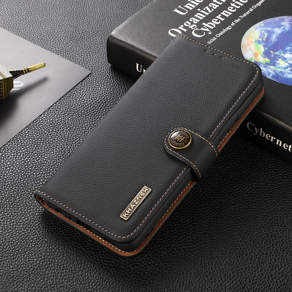 KHAZNEH Textured Genuine Leather Phone Shell Case with RFID Anti-theft Swiping Design for Oppo F19 / Oppo A74 4G - Black-2
