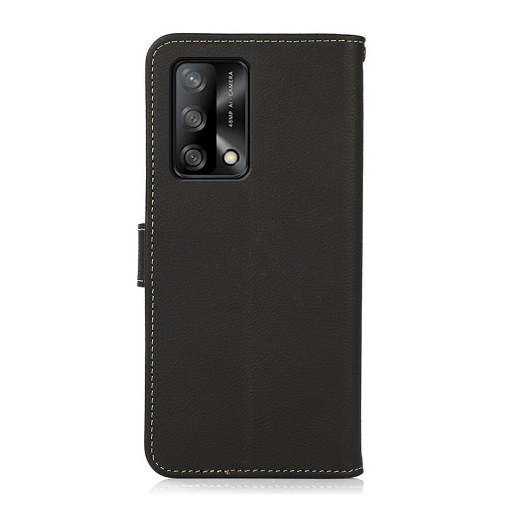 KHAZNEH Textured Genuine Leather Phone Shell Case with RFID Anti-theft Swiping Design for Oppo F19 / Oppo A74 4G - Black-7
