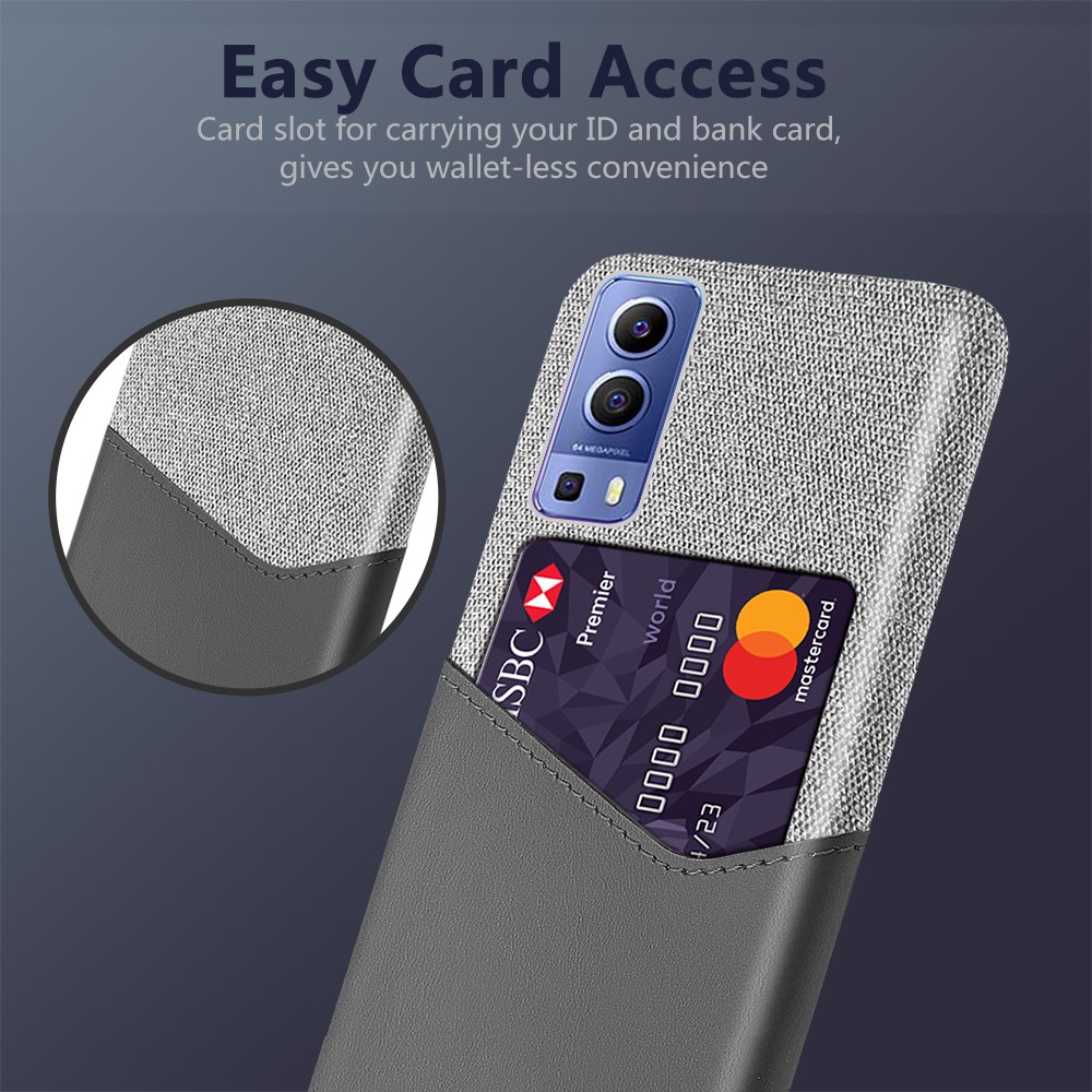 KSQ Card Slot Cloth + PU Leather + PC Hybrid Cover for vivo Y72 5G - Grey-2