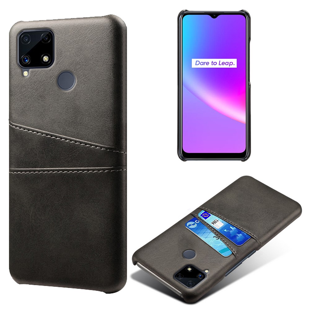 KSQ Double Card Slots PU Leather Coated PC Shell Cover Case for Realme C25 - Black-1