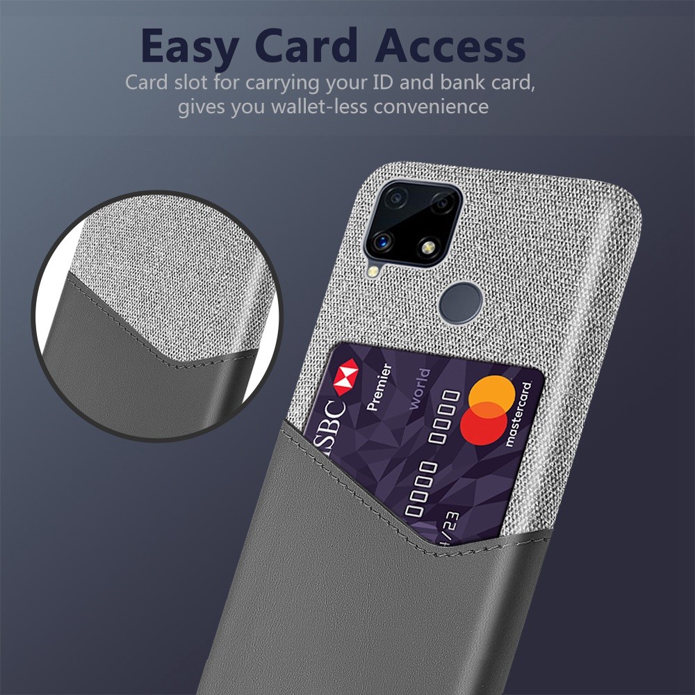 KSQ Cloth Surface + PC Hybrid Phone Cover Case with Card Slot for Realme C25 - Grey-2