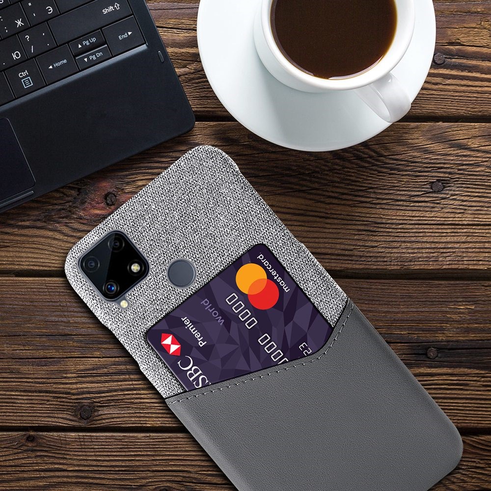 KSQ Cloth Surface + PC Hybrid Phone Cover Case with Card Slot for Realme C25 - Grey-4