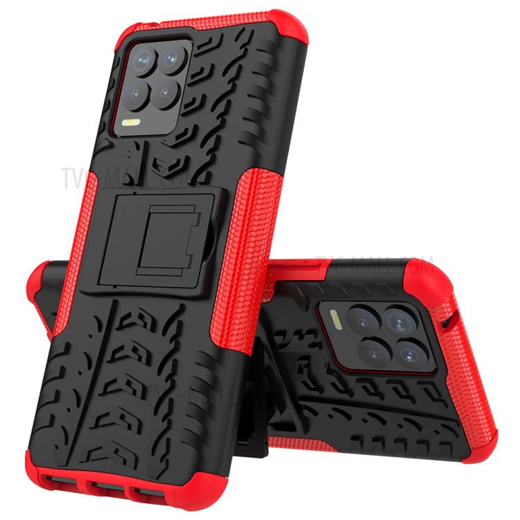2-in-1 Kickstand Design Tyre Pattern PC + TPU Phone Back Case for Realme 8 / Realme 8 Pro - Red-8