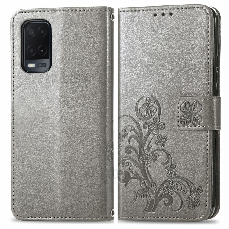 Wallet Stand Design Clover Pattern Imprinting Leather Case for Oppo A54 4G - Grey-1