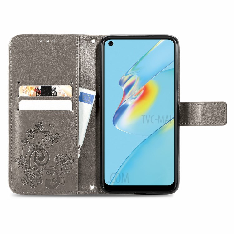 Wallet Stand Design Clover Pattern Imprinting Leather Case for Oppo A54 4G - Grey-12