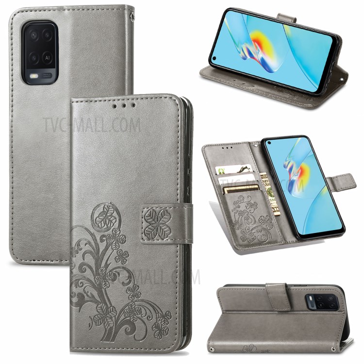 Wallet Stand Design Clover Pattern Imprinting Leather Case for Oppo A54 4G - Grey-13