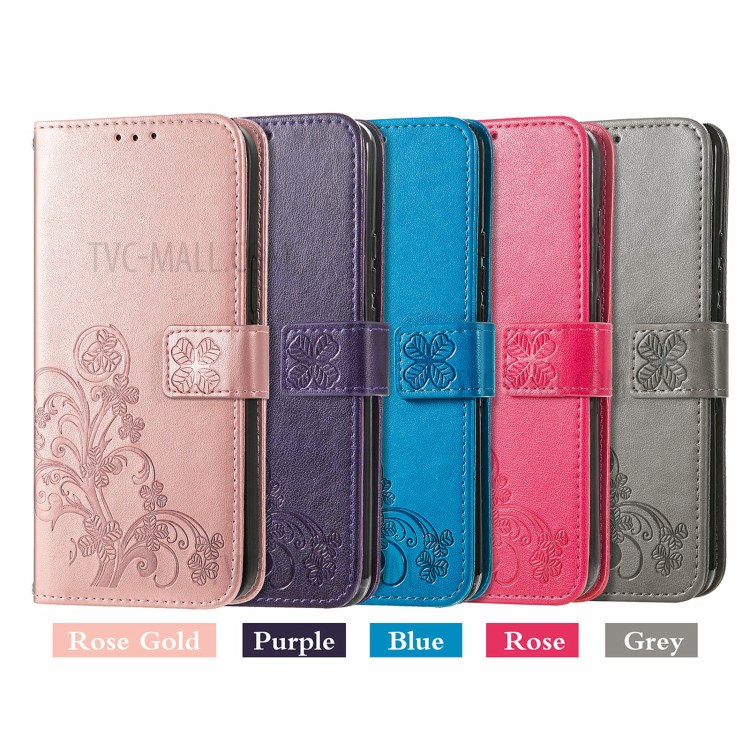 Wallet Stand Design Clover Pattern Imprinting Leather Case for Oppo A54 4G - Grey-14