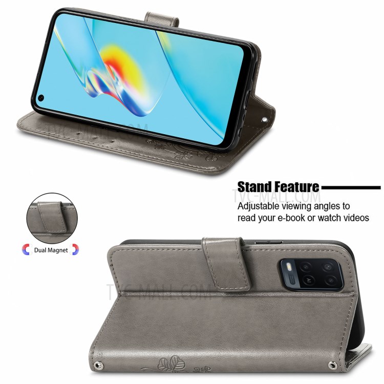 Wallet Stand Design Clover Pattern Imprinting Leather Case for Oppo A54 4G - Grey-2