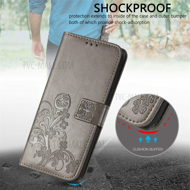 Wallet Stand Design Clover Pattern Imprinting Leather Case for Oppo A54 4G - Grey-3