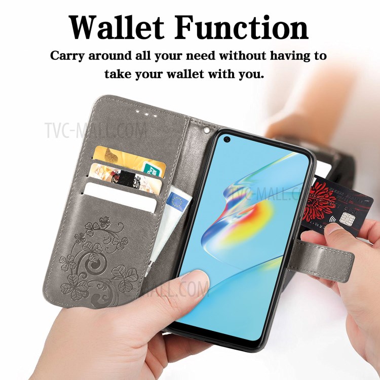 Wallet Stand Design Clover Pattern Imprinting Leather Case for Oppo A54 4G - Grey-4