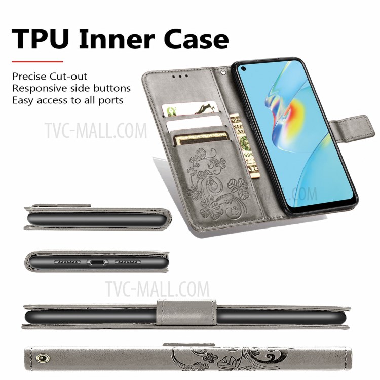 Wallet Stand Design Clover Pattern Imprinting Leather Case for Oppo A54 4G - Grey-5