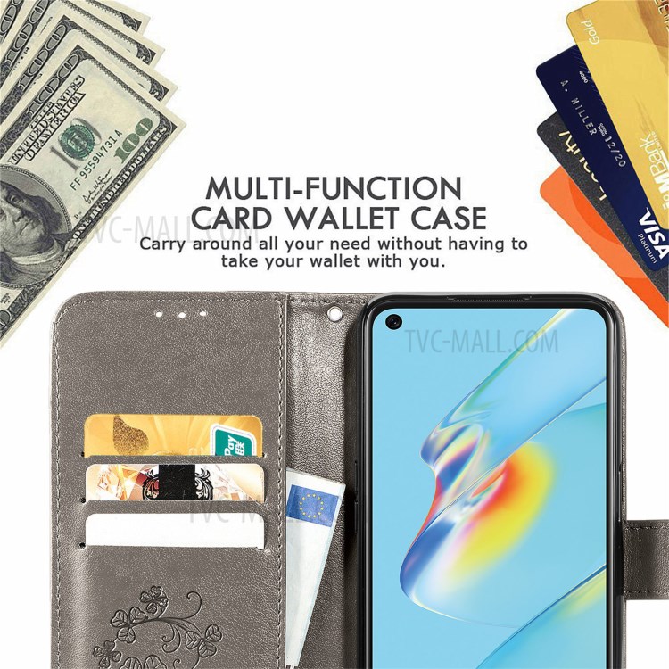 Wallet Stand Design Clover Pattern Imprinting Leather Case for Oppo A54 4G - Grey-7