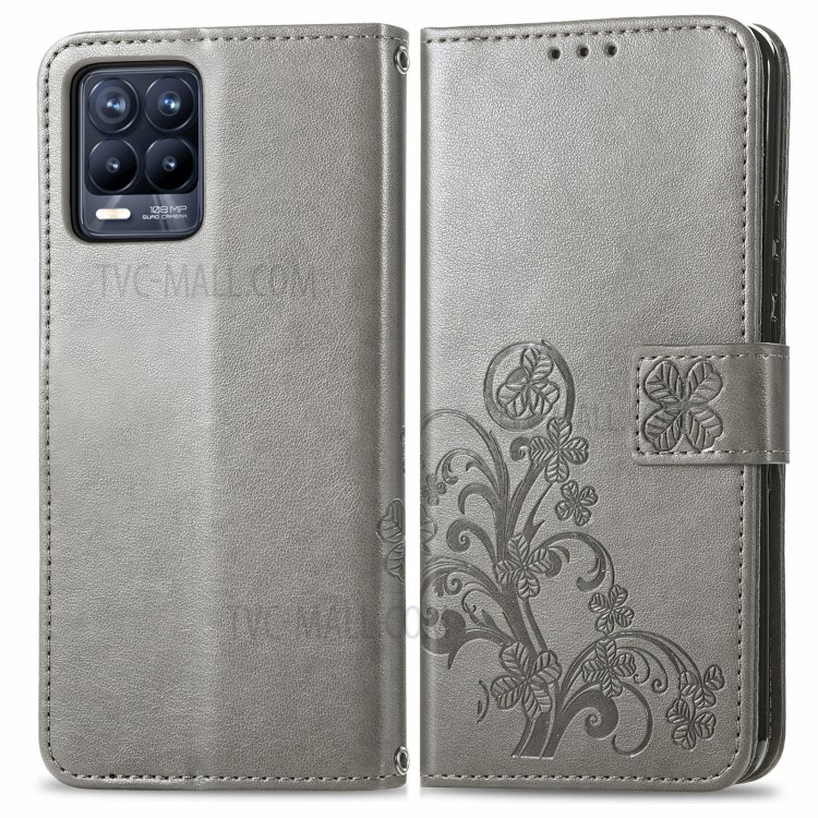 Imprinted Four-leaf Clover Wallet Leather Case for Realme 8/8 Pro - Grey-1