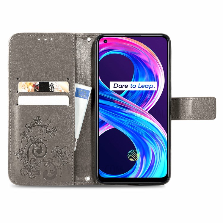 Imprinted Four-leaf Clover Wallet Leather Case for Realme 8/8 Pro - Grey-12