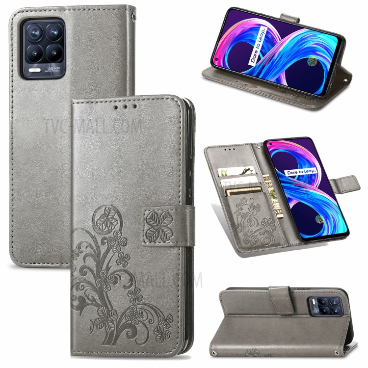 Imprinted Four-leaf Clover Wallet Leather Case for Realme 8/8 Pro - Grey-13