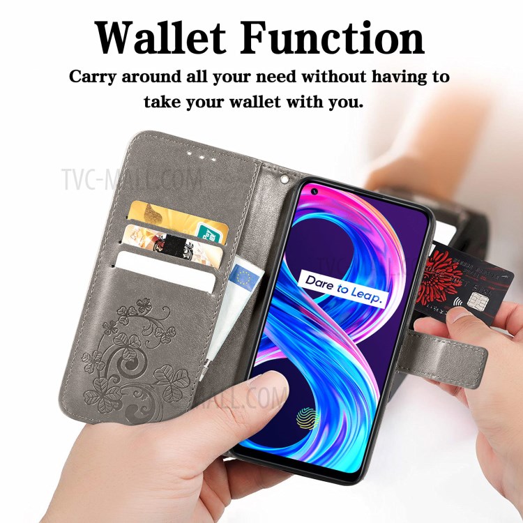 Imprinted Four-leaf Clover Wallet Leather Case for Realme 8/8 Pro - Grey-4