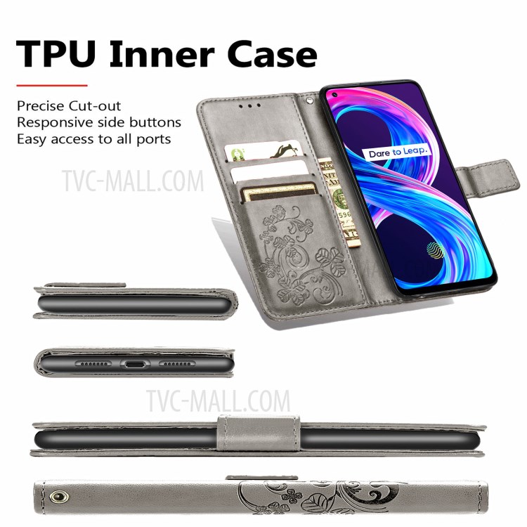 Imprinted Four-leaf Clover Wallet Leather Case for Realme 8/8 Pro - Grey-5