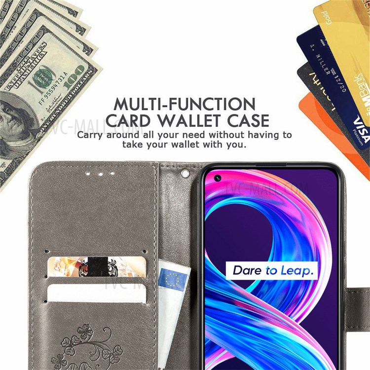 Imprinted Four-leaf Clover Wallet Leather Case for Realme 8/8 Pro - Grey-7