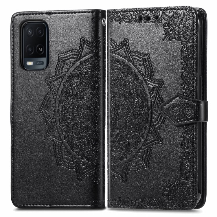 Mandala Flower Embossment Wallet Design PU Leather Case with Stand for Oppo A54 4G - Black-1