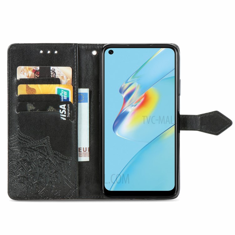 Mandala Flower Embossment Wallet Design PU Leather Case with Stand for Oppo A54 4G - Black-11