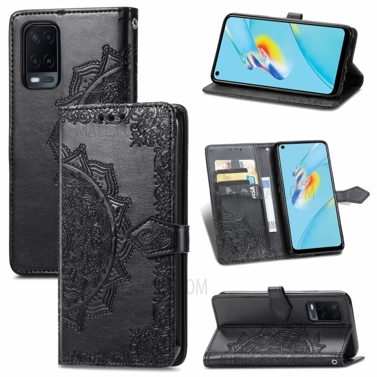 Mandala Flower Embossment Wallet Design PU Leather Case with Stand for Oppo A54 4G - Black-12