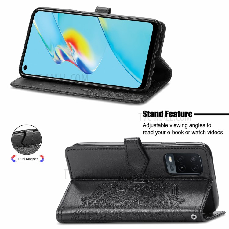 Mandala Flower Embossment Wallet Design PU Leather Case with Stand for Oppo A54 4G - Black-3