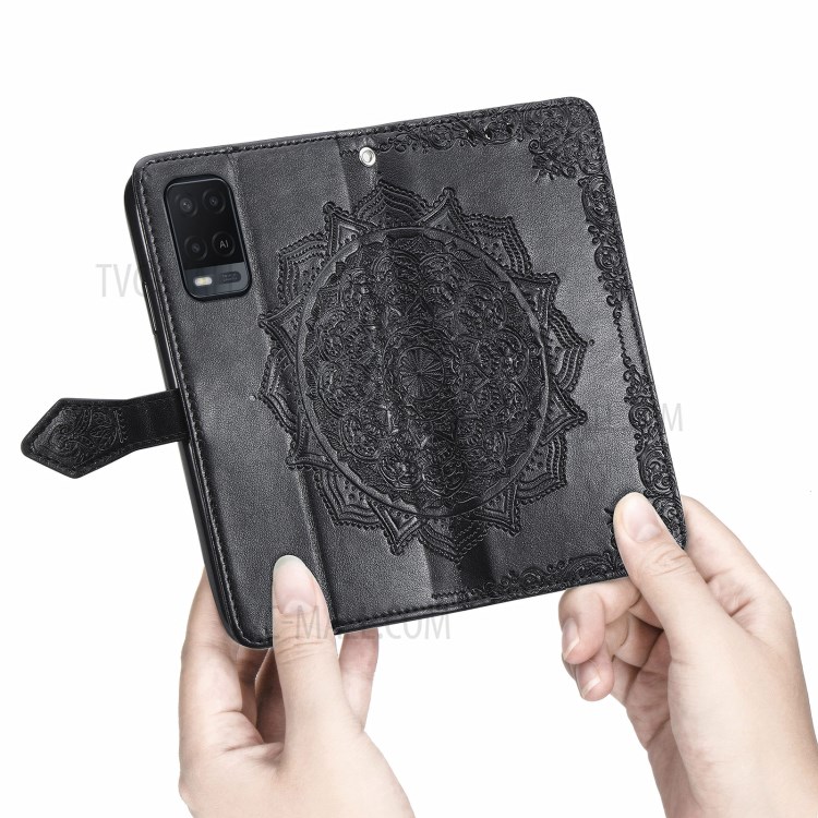 Mandala Flower Embossment Wallet Design PU Leather Case with Stand for Oppo A54 4G - Black-4