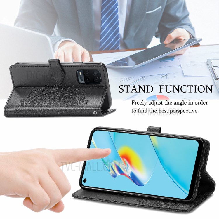 Mandala Flower Embossment Wallet Design PU Leather Case with Stand for Oppo A54 4G - Black-5